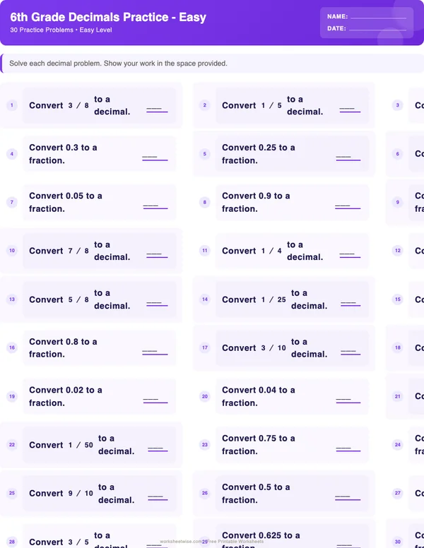 6th Grade Decimals Worksheets - Space Theme (Easy)