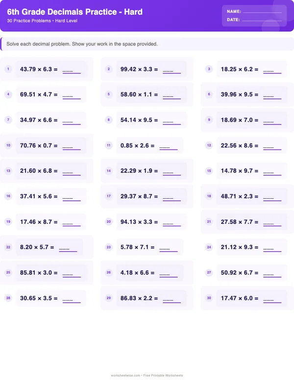 6th Grade Decimals Worksheets - Space Theme (Hard)