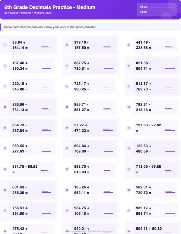 6th Grade Decimals Worksheets - Space Theme (Medium)