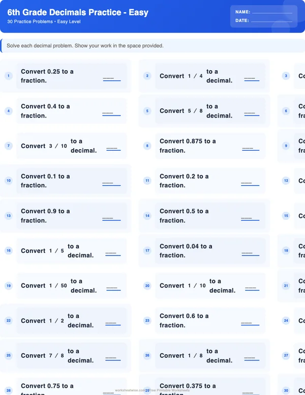6th Grade Decimals Worksheets - Standard Theme (Easy)