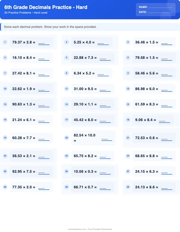 6th Grade Decimals Worksheets - Standard Theme (Hard)