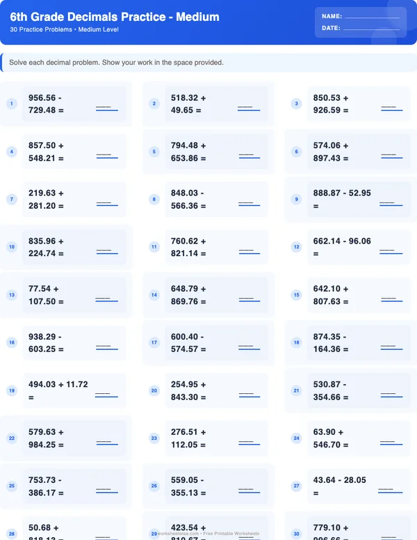 6th Grade Decimals Worksheets - Standard Theme (Medium)