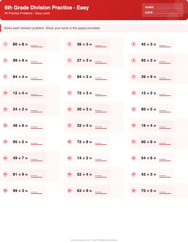 6th Grade Division Worksheets - Christmas Theme (Easy)