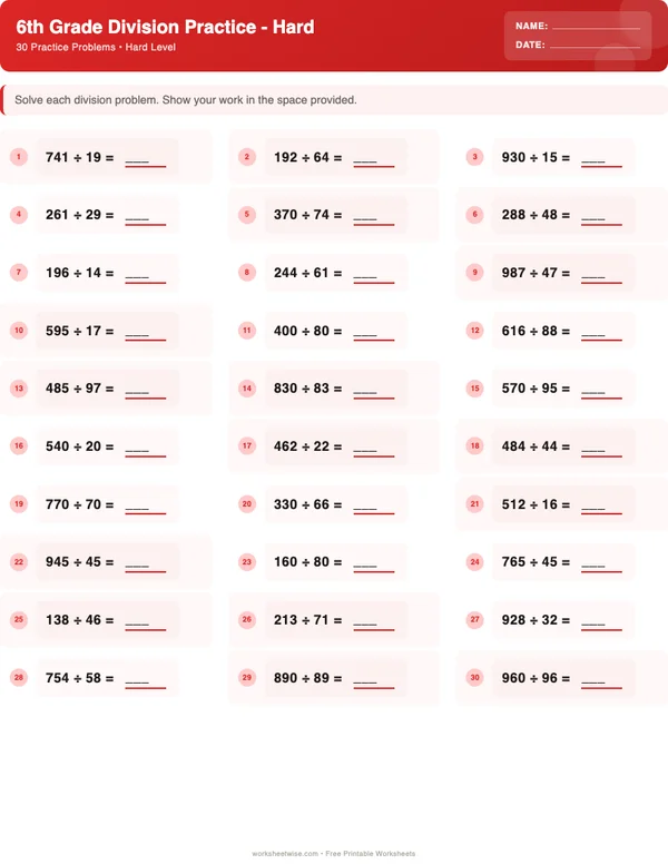 6th Grade Division Worksheets - Christmas Theme (Hard)