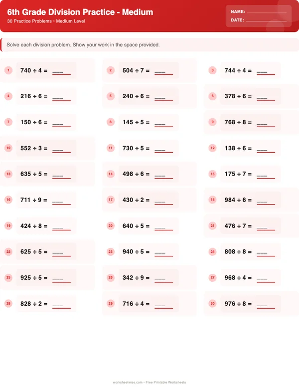 6th Grade Division Worksheets - Christmas Theme (Medium)