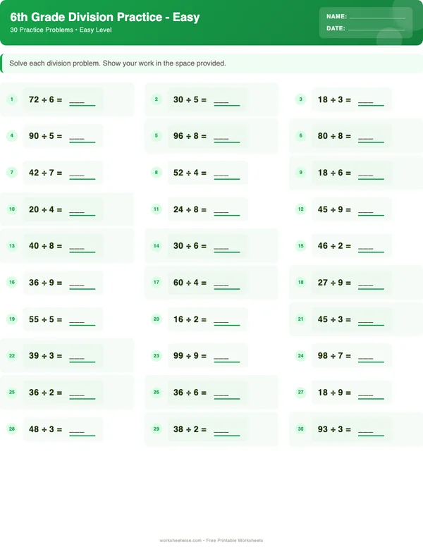 6th Grade Division Worksheets - Dinosaur Theme (Easy)