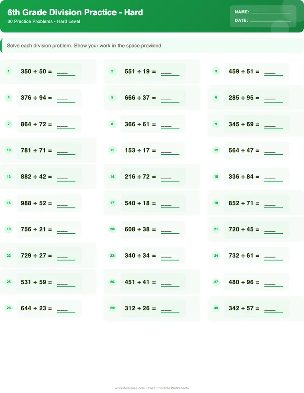 6th Grade Division Worksheets - Dinosaur Theme (Hard)