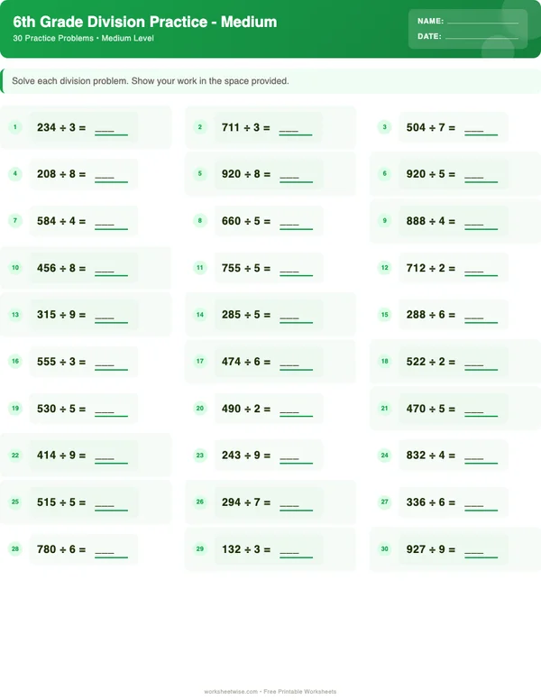 6th Grade Division Worksheets - Dinosaur Theme (Medium)