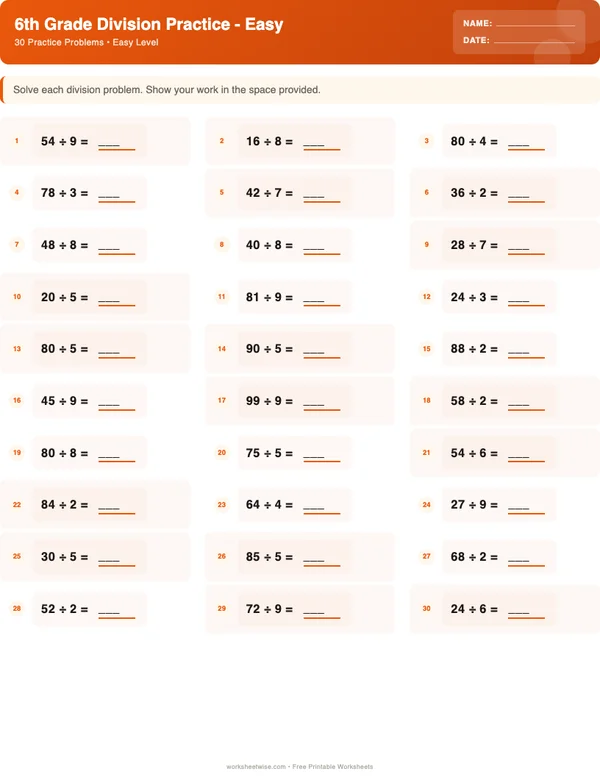 6th Grade Division Worksheets - Halloween Theme (Easy)