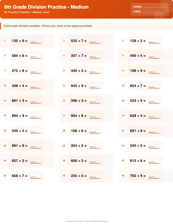 6th Grade Division Worksheets - Halloween Theme (Medium)