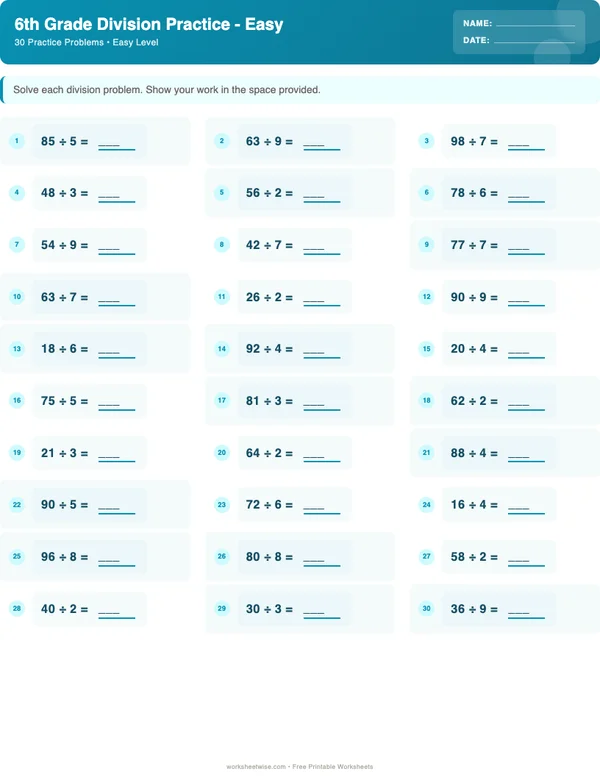 6th Grade Division Worksheets - Ocean Theme (Easy)