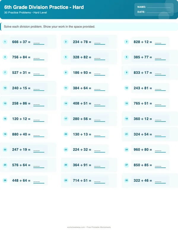 6th Grade Division Worksheets - Ocean Theme (Hard)