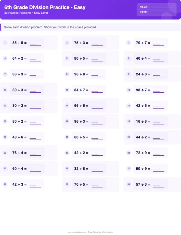 6th Grade Division Worksheets - Space Theme (Easy)