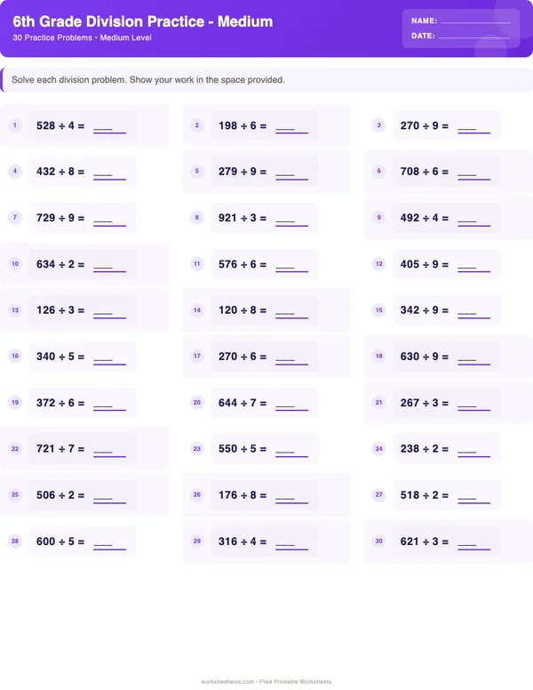 6th Grade Division Worksheets - Space Theme (Medium)