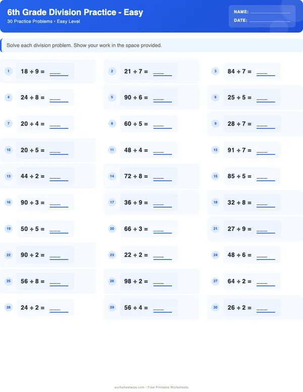 6th Grade Division Worksheets - Standard Theme (Easy)
