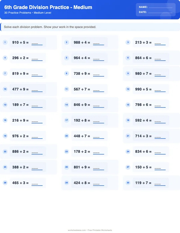 6th Grade Division Worksheets - Standard Theme (Medium)