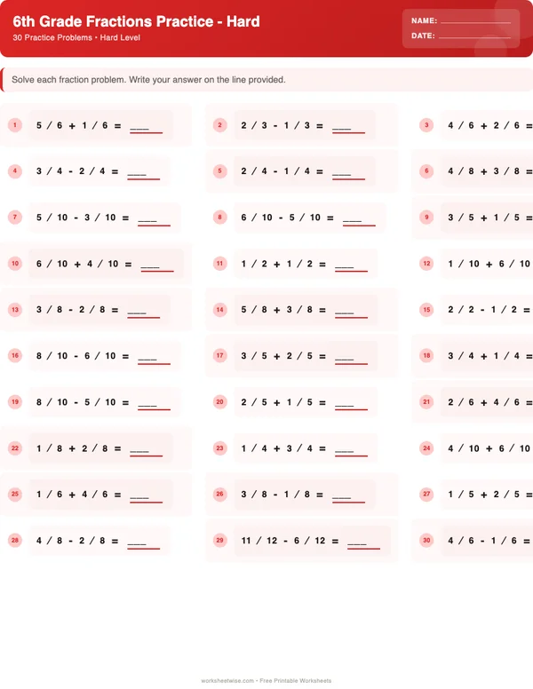 6th Grade Fractions Worksheets - Christmas Theme (Hard)