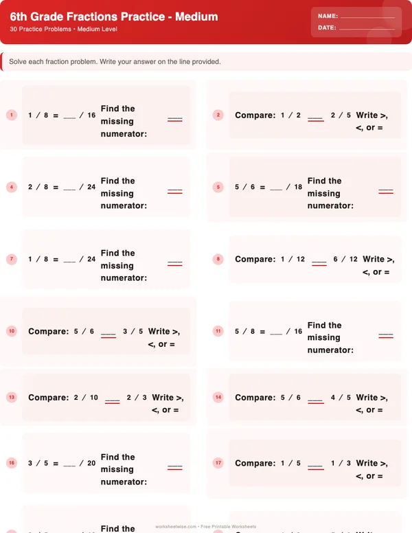 6th Grade Fractions Worksheets - Christmas Theme (Medium)