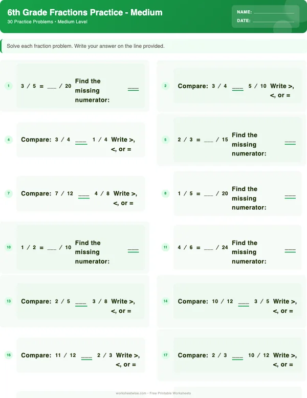 6th Grade Fractions Worksheets - Dinosaur Theme (Medium)
