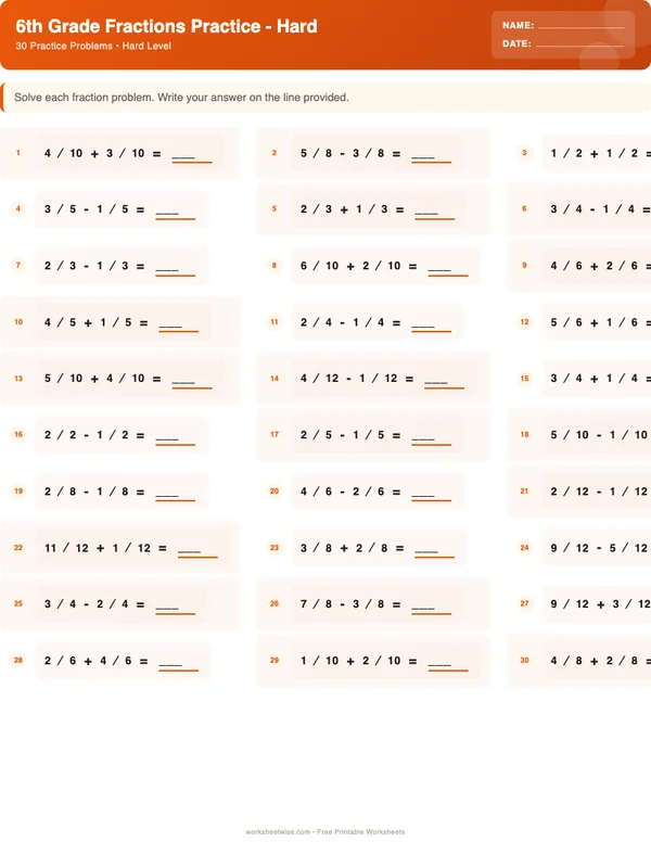 6th Grade Fractions Worksheets - Halloween Theme (Hard)