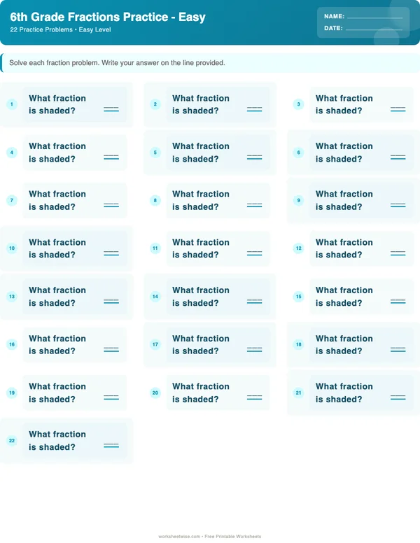 6th Grade Fractions Worksheets - Ocean Theme (Easy)