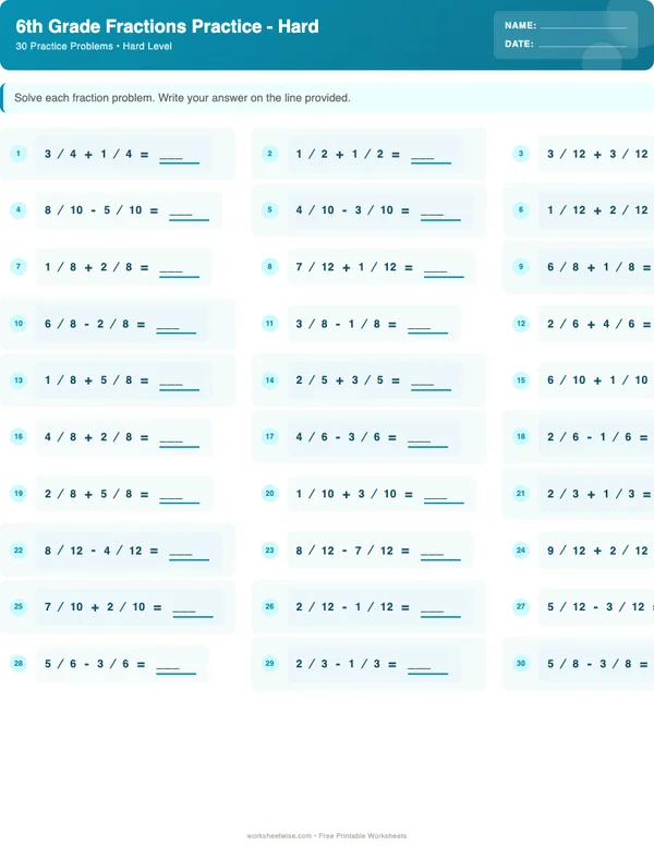 6th Grade Fractions Worksheets - Ocean Theme (Hard)