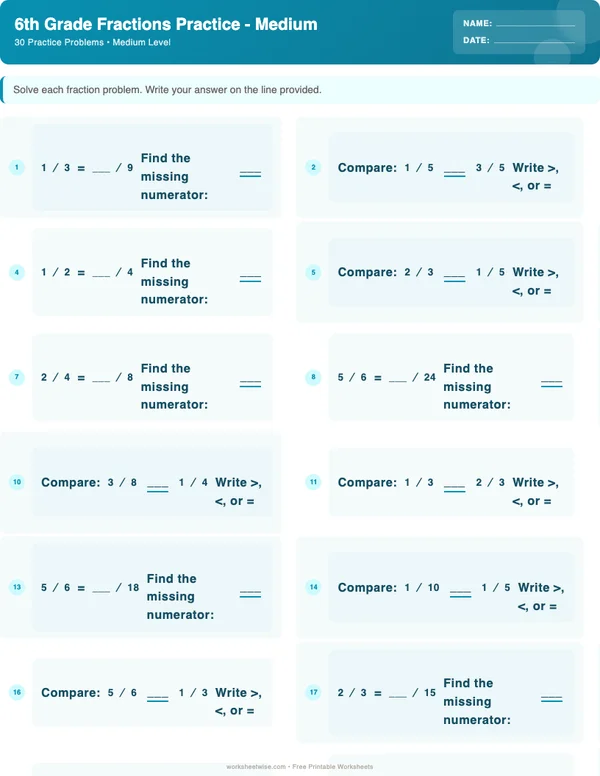 6th Grade Fractions Worksheets - Ocean Theme (Medium)