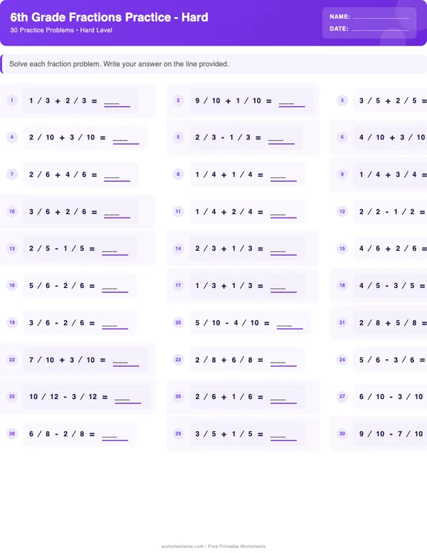 6th Grade Fractions Worksheets - Space Theme (Hard)