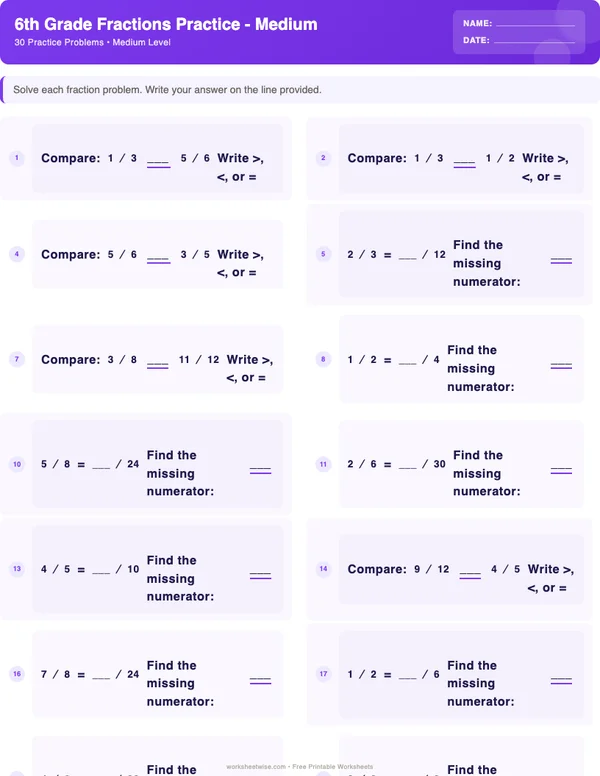 6th Grade Fractions Worksheets - Space Theme (Medium)