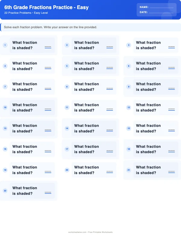 6th Grade Fractions Worksheets - Standard Theme (Easy)