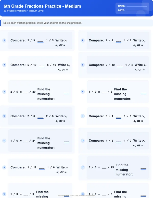 6th Grade Fractions Worksheets - Standard Theme (Medium)