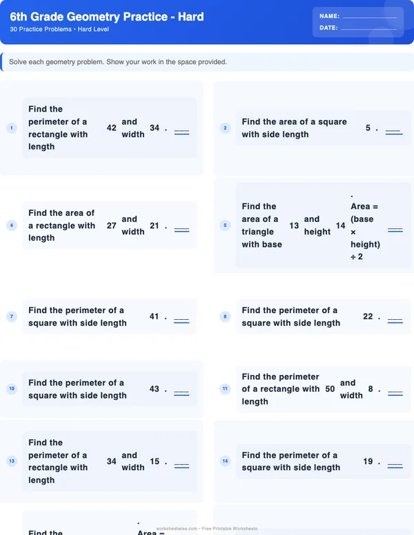 6th Grade Geometry Worksheets - Standard Theme (Hard)