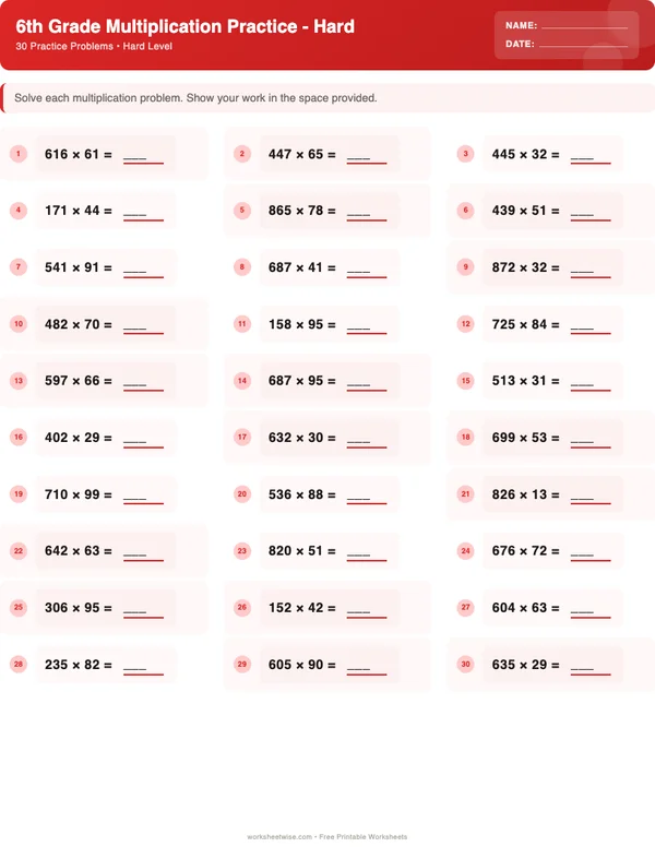 6th Grade Multiplication Worksheets - Christmas Theme (Hard)