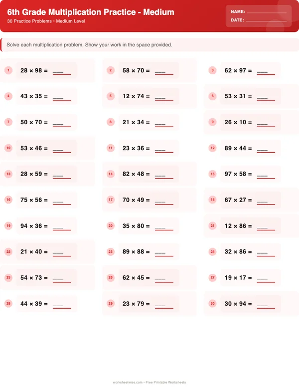 6th Grade Multiplication Worksheets - Christmas Theme (Medium)