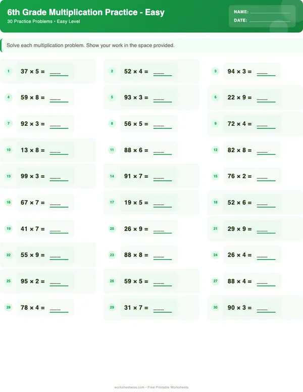 6th Grade Multiplication Worksheets - Dinosaur Theme (Easy)