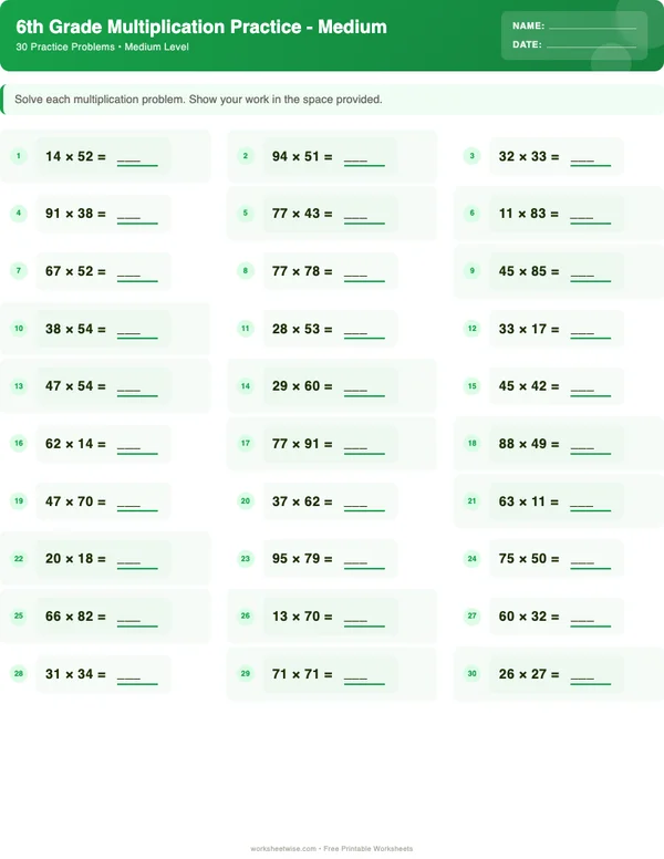 6th Grade Multiplication Worksheets - Dinosaur Theme (Medium)