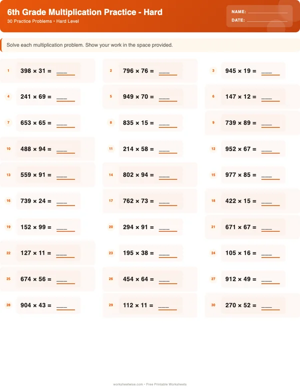 6th Grade Multiplication Worksheets - Halloween Theme (Hard)