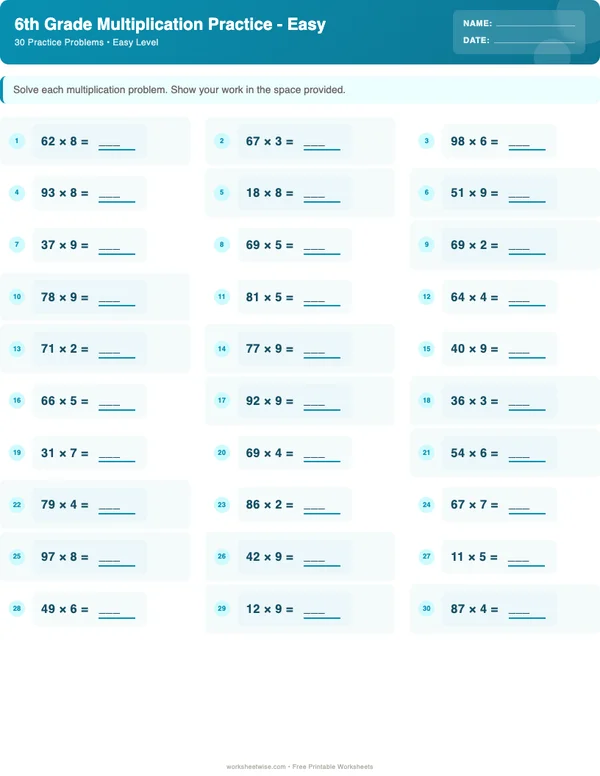 6th Grade Multiplication Worksheets - Ocean Theme (Easy)