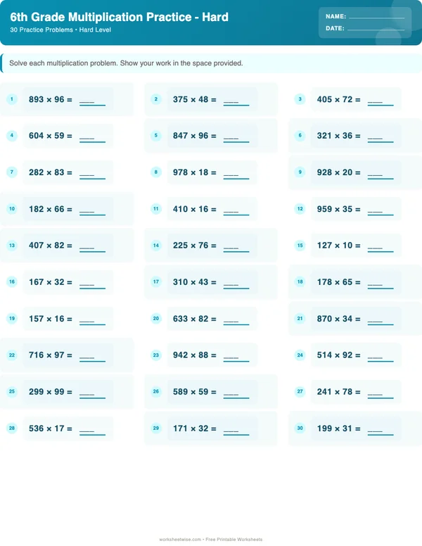 6th Grade Multiplication Worksheets - Ocean Theme (Hard)
