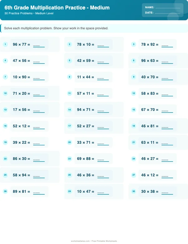 6th Grade Multiplication Worksheets - Ocean Theme (Medium)