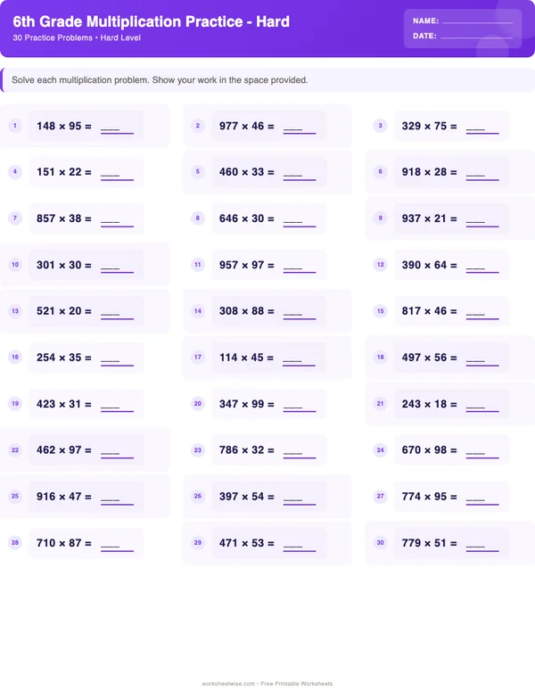 6th Grade Multiplication Worksheets - Space Theme (Hard)