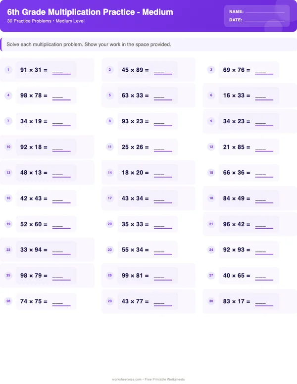 6th Grade Multiplication Worksheets - Space Theme (Medium)