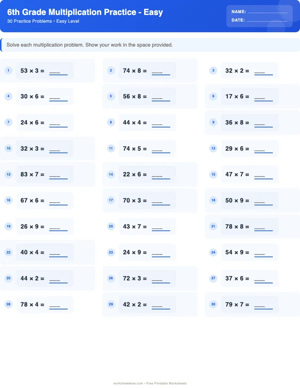 6th Grade Multiplication Worksheets - Standard Theme (Easy)