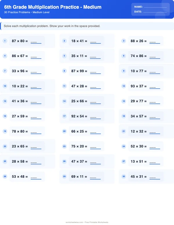 6th Grade Multiplication Worksheets - Standard Theme (Medium)