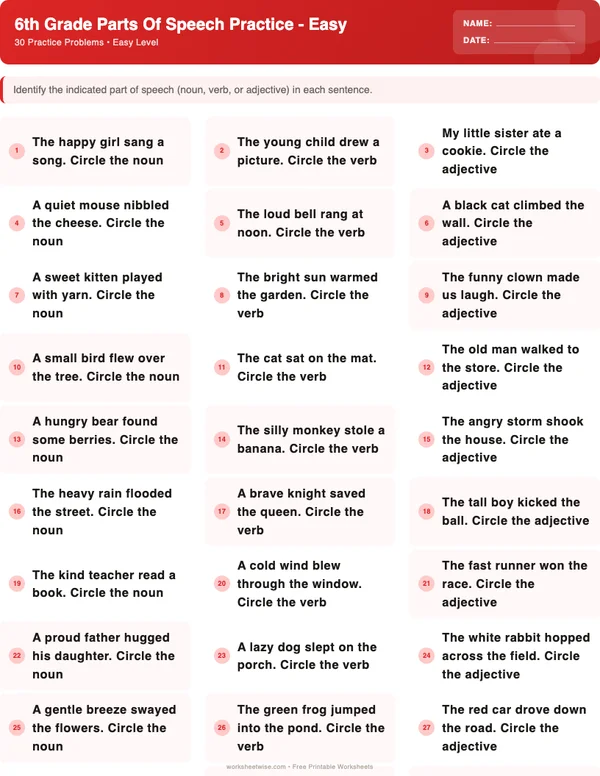 6th Grade Parts of Speech Worksheets - Christmas Theme (Easy)