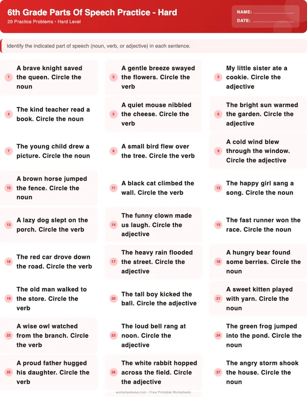 6th Grade Parts of Speech Worksheets - Christmas Theme (Hard)