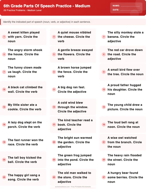 6th Grade Parts of Speech Worksheets - Christmas Theme (Medium)