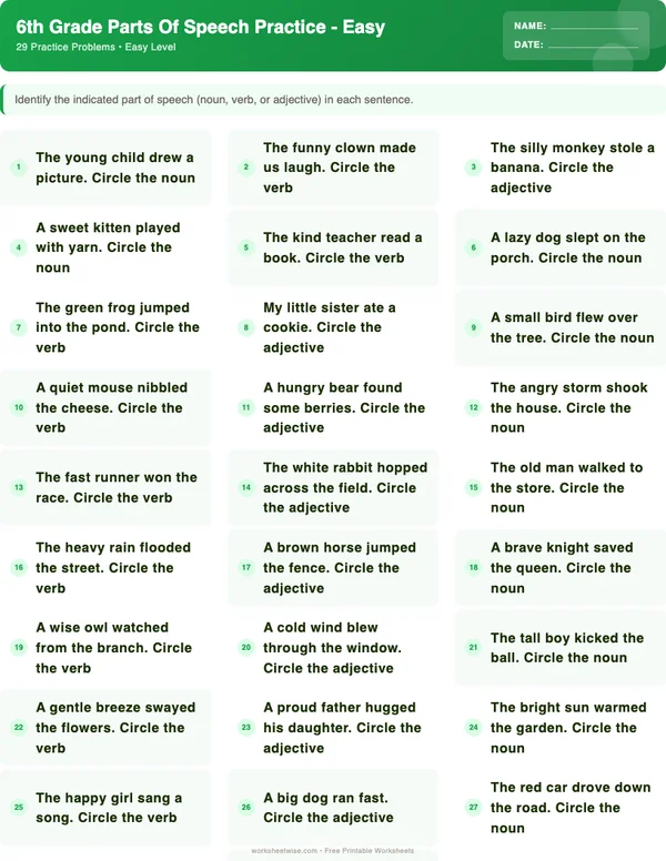 6th Grade Parts of Speech Worksheets - Dinosaur Theme (Easy)