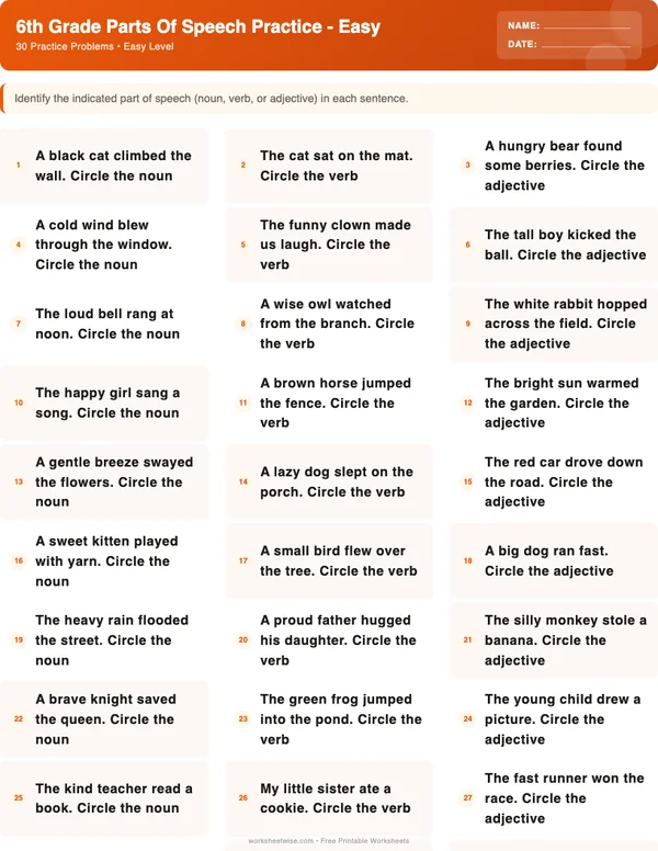 6th Grade Parts of Speech Worksheets - Halloween Theme (Easy)