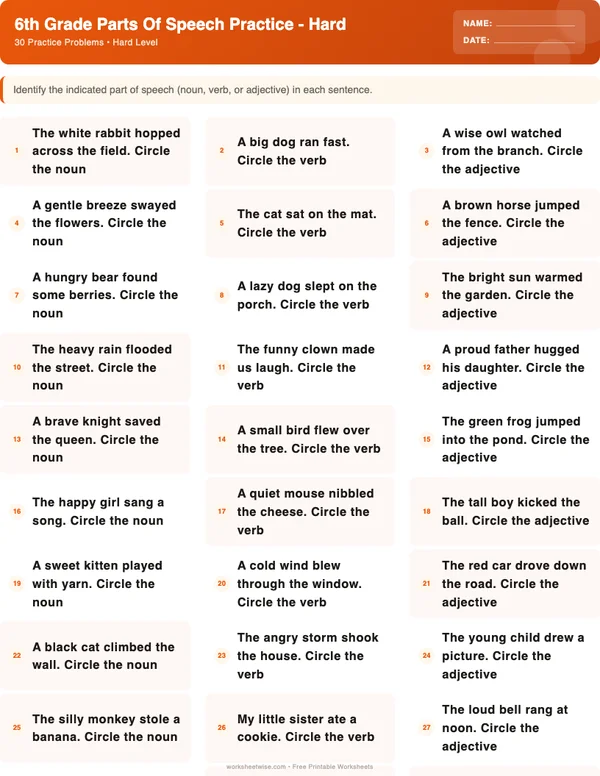 6th Grade Parts of Speech Worksheets - Halloween Theme (Hard)